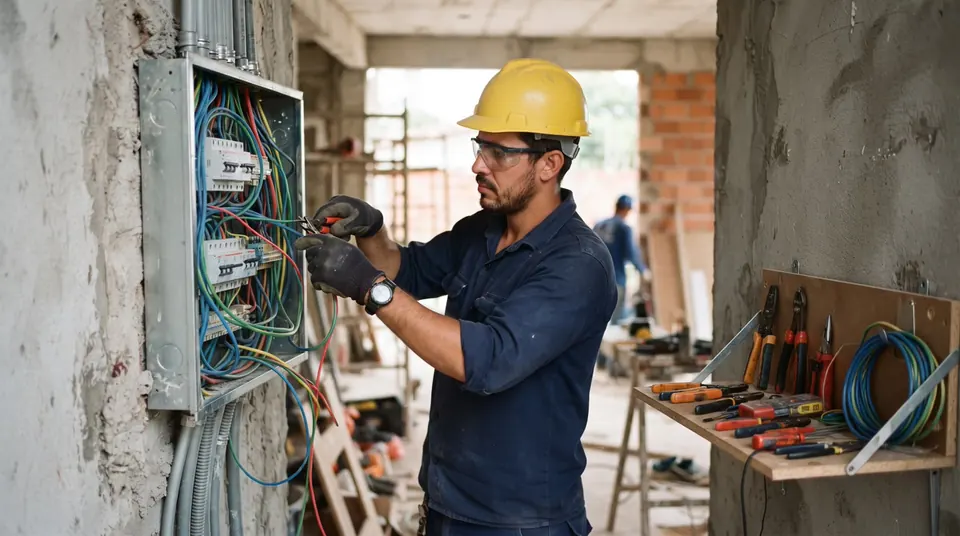 Eletricista passando fiação no quadro