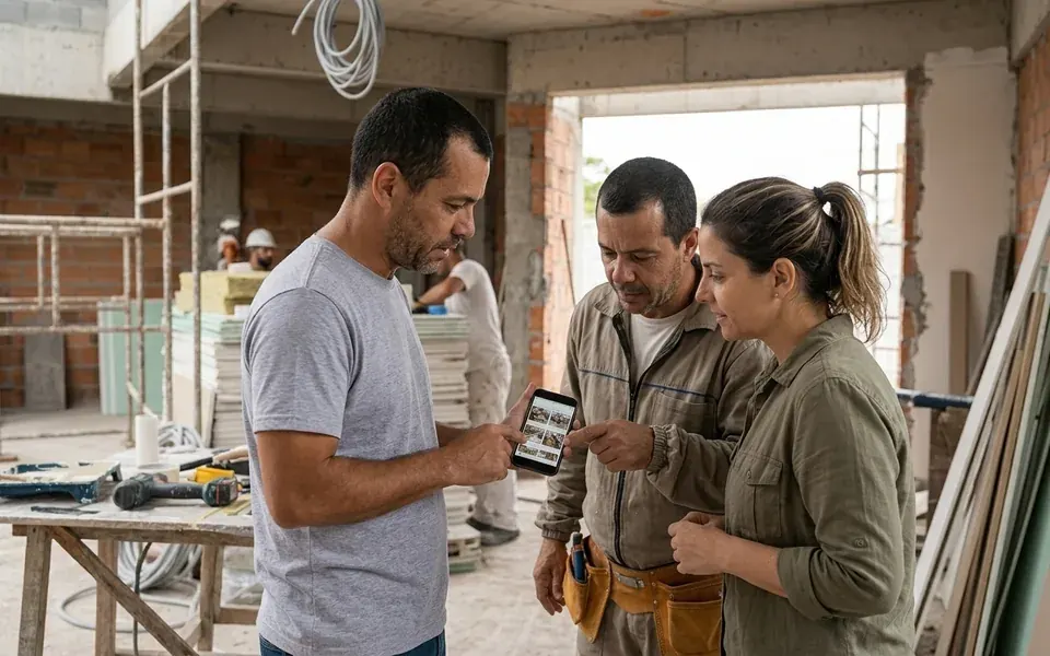 Engenheiro confere a etapa com o prestador e a cliente