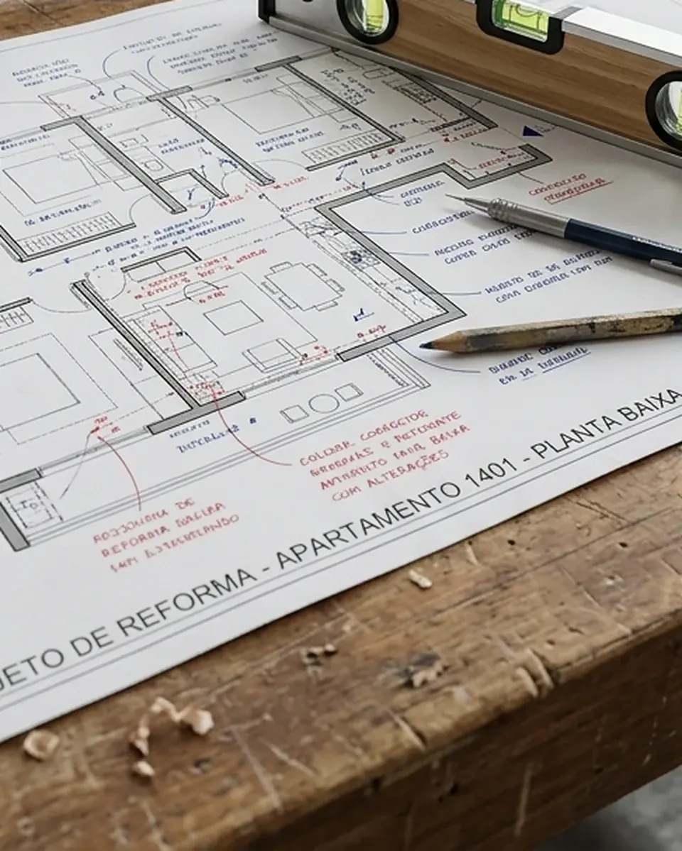 Planta baixa de reforma de apartamento com anotações sobre a mesa